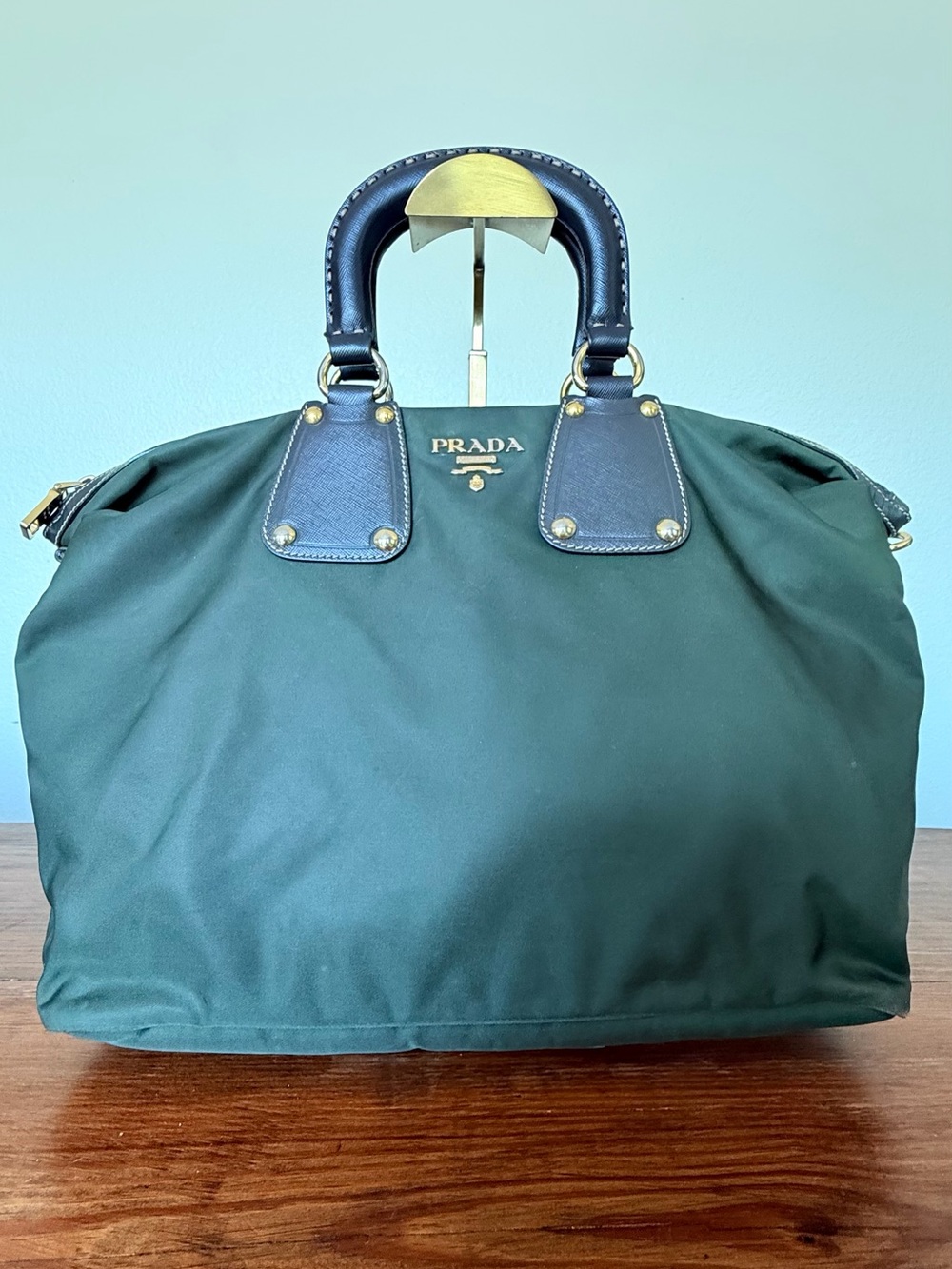 PRADA Tessuto Nylon & Saffiano Leather Large Tote Bag – Dark Green